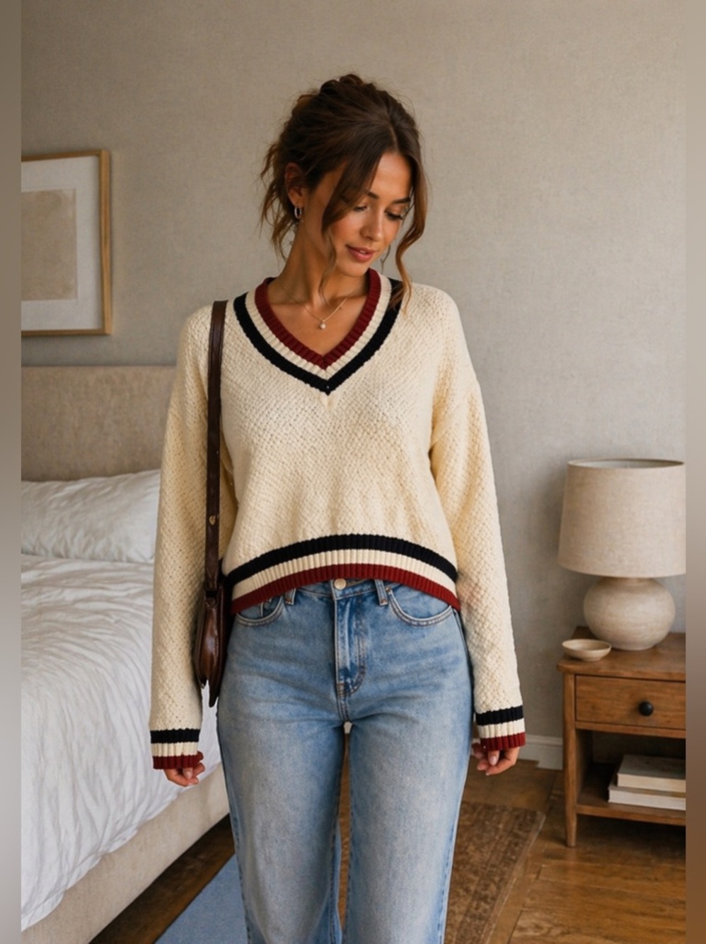 Vintage Charlotte Russe Varsity Knit Spring Sweater Cream V-Neck Striped Preppy